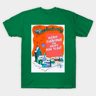MERRY CHRISTMAS AND HAPPY NEW YEAR VILLAGE SANTA SLED REINDEER T-Shirt
